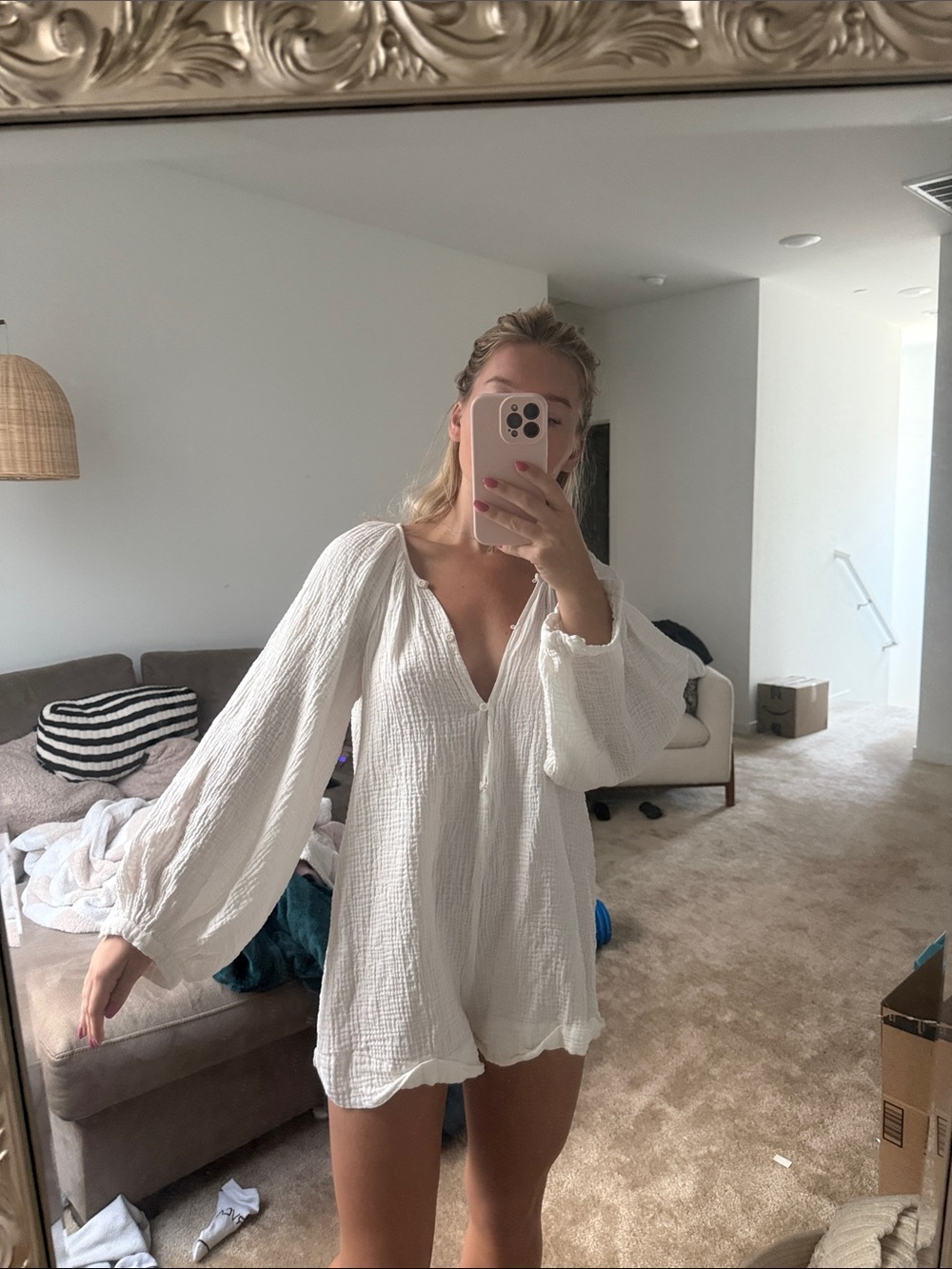 White Gauze Long Sleeve V-Neck Tunic Romper